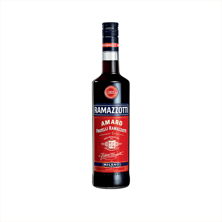 Bottle of Amaro Ramazzotti with its red and blue Milano label and 1815 founding seal