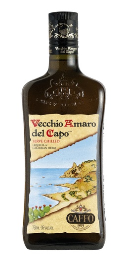 Bottle of Vecchio Amaro del Capo by Distilleria Caffo, with its illustrated Calabrian coastline label