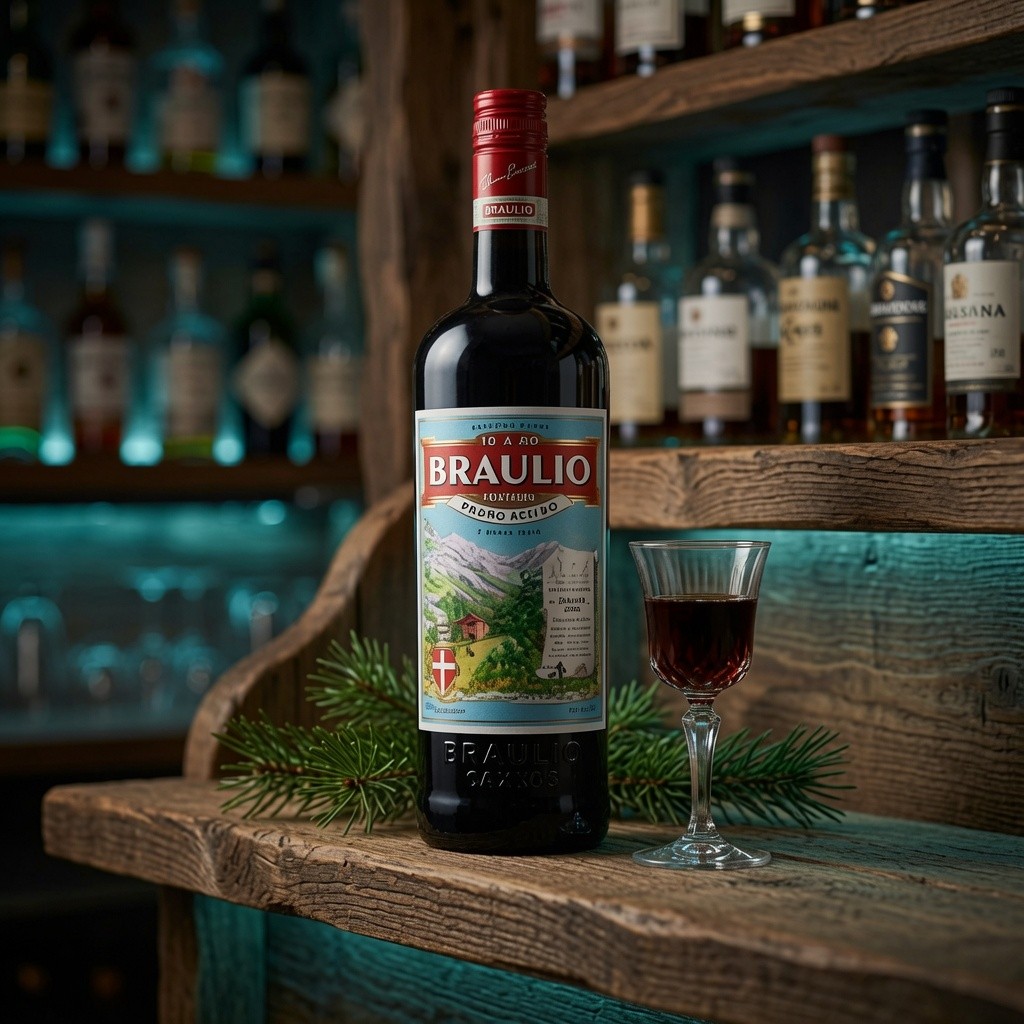 Bottle of Braulio alpine amaro with its Valtellina mountain landscape label, beside a small stemmed glass of the dark amaro and fresh pine sprigs on a rustic wooden bar shelf