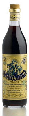 Bottle of Amaro Sibilla by Distilleria Varnelli with its gold label showing the Sibillini sibyl