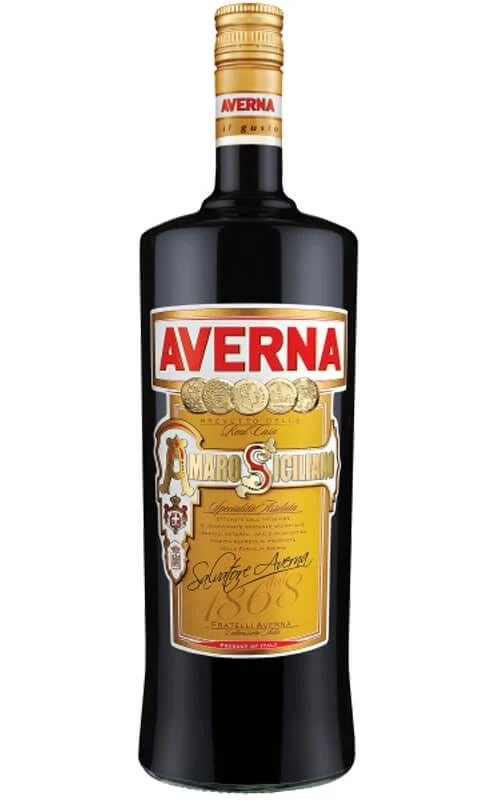 Bottle of Amaro Averna Amaro Siciliano with its red and gold 1868 label