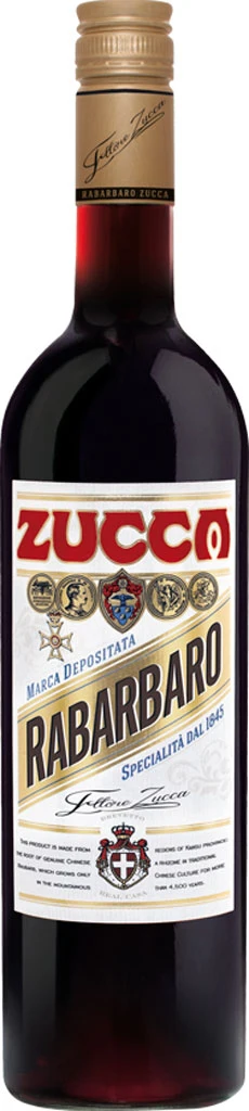 Bottle of Rabarbaro Zucca with its red and gold label, the classic Milanese rhubarb amaro