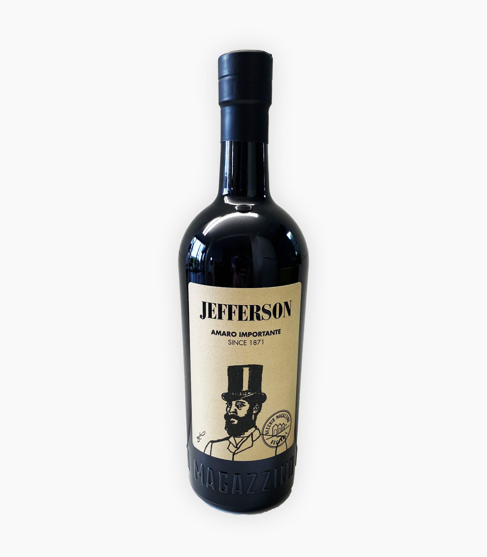 Dark bottle of Amaro Jefferson from Distilleria Vittone with its top-hatted gentleman label