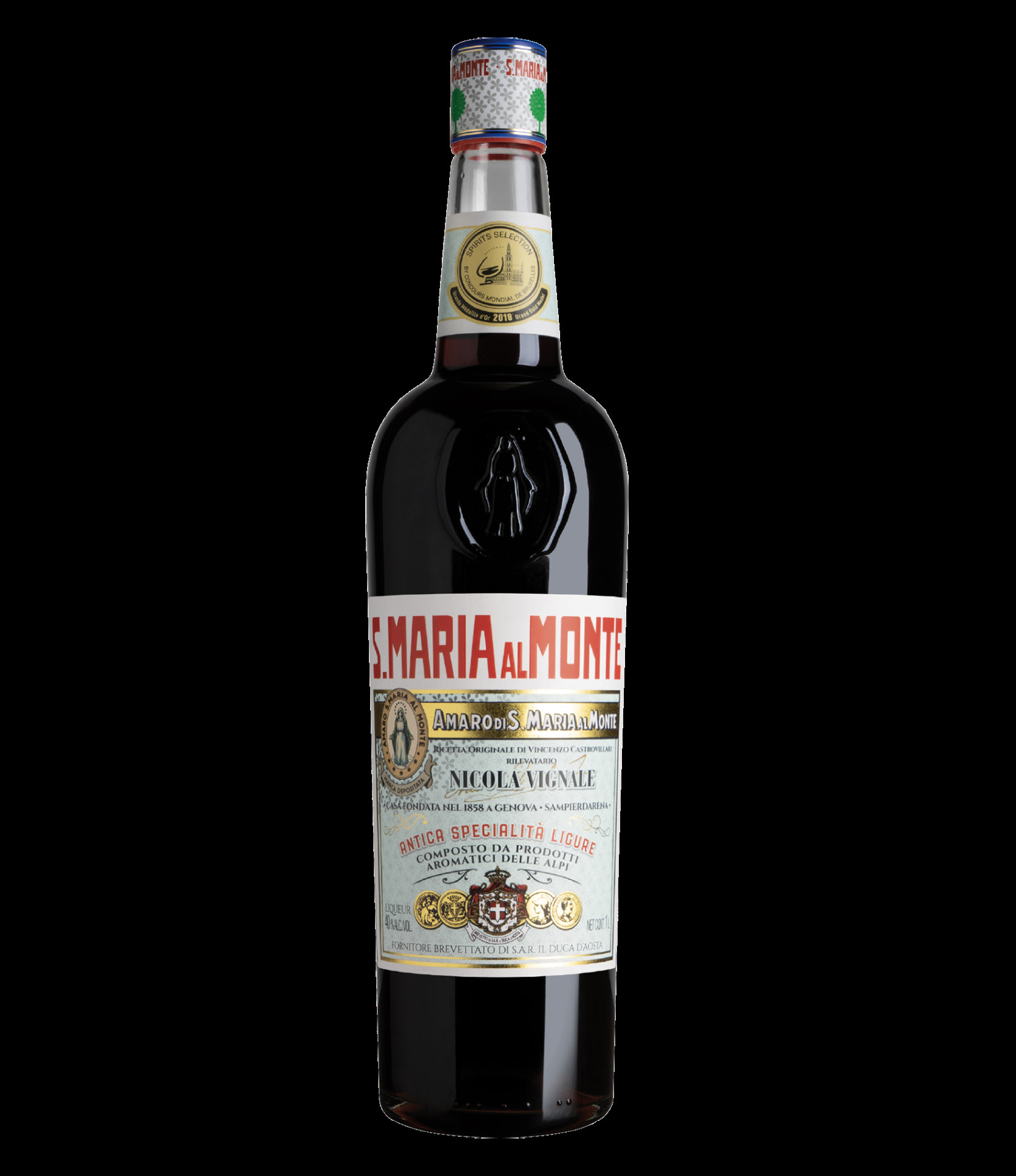 Bottle of Amaro S. Maria al Monte with its red and cream Ligurian label and embossed Madonna figure in the glass