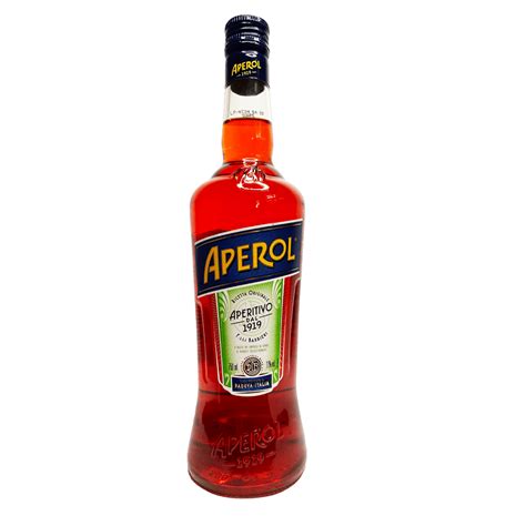 Bottle of Aperol aperitivo with its bright orange liqueur, blue-and-green label and dark blue cap
