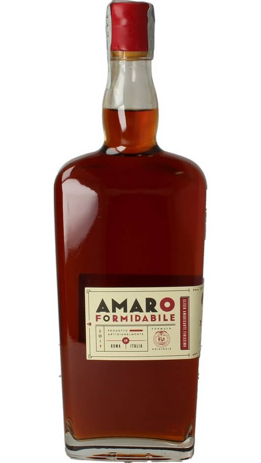 Bottle of Amaro Formidabile with red wax capsule and cream label, a new-wave Roman amaro