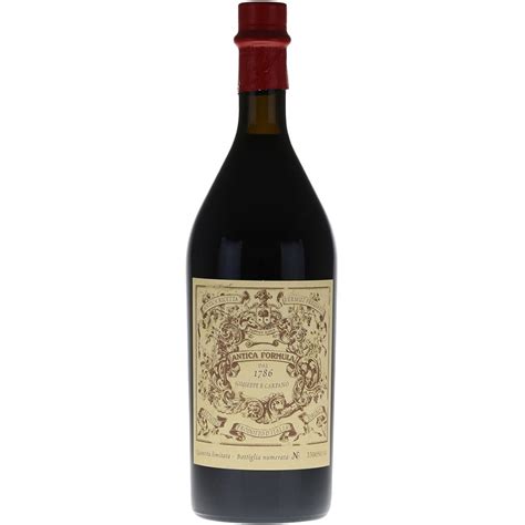 Bottle of Carpano Antica Formula Vermouth di Torino with its red wax capsule and ornate gold 1786 label