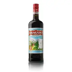 Bottle of Braulio alpine amaro with its red capsule and illustrated Bormio mountain label
