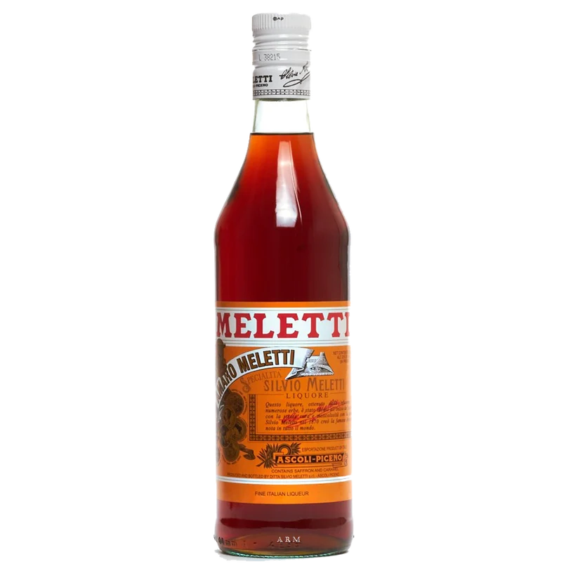 Bottle of Amaro Meletti with its orange and cream label from Ascoli Piceno, Marche, showing the Silvio Meletti signature and saffron notation