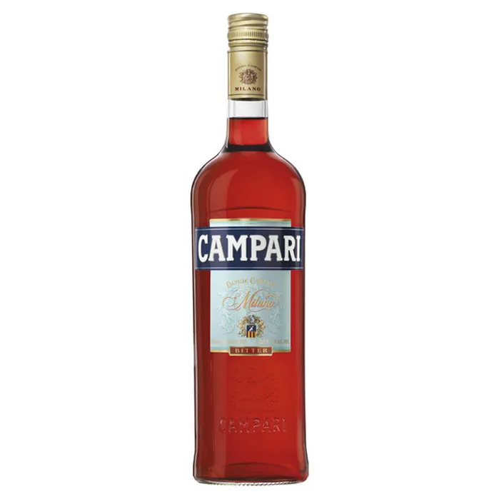 Bottle of Campari bitter aperitivo with its scarlet liquid and classic Milano label