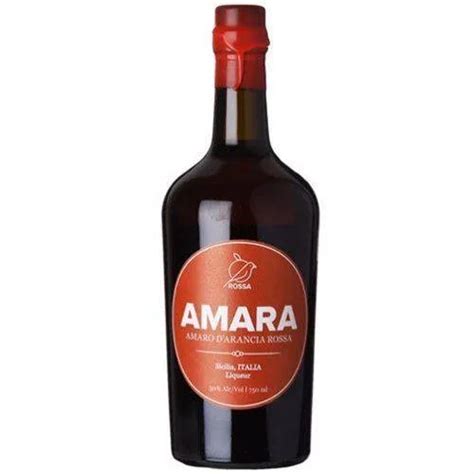Bottle of Amaro Amara Sicilian blood orange amaro with red label