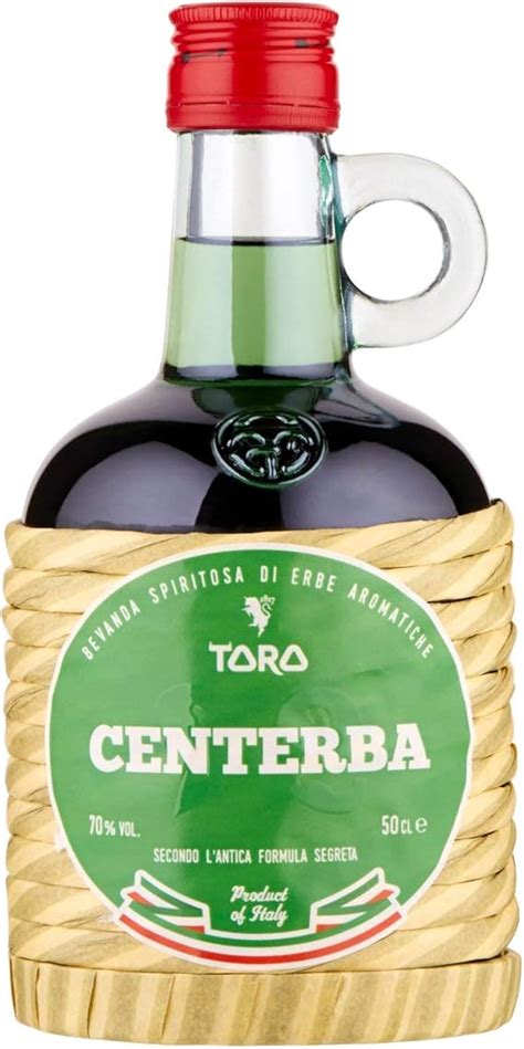 Bottle of Toro Centerba, the 70% ABV green Abruzzese herbal liqueur, in its straw-wrapped flask