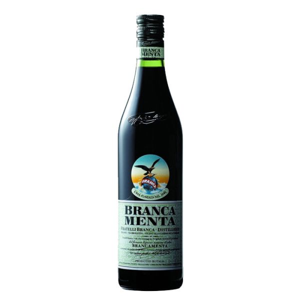 Dark bottle of Branca Menta with the Fratelli Branca eagle-and-globe medallion on a pale green label