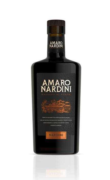 Bottle of Amaro Nardini Bassano al Ponte with its black and copper label showing the Ponte Vecchio distillery