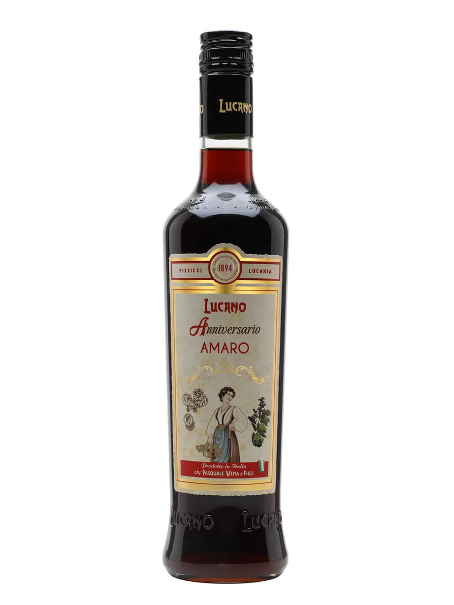 Bottle of Amaro Lucano Anniversario with its cream and gold label showing the traditional Lucanian woman in costume