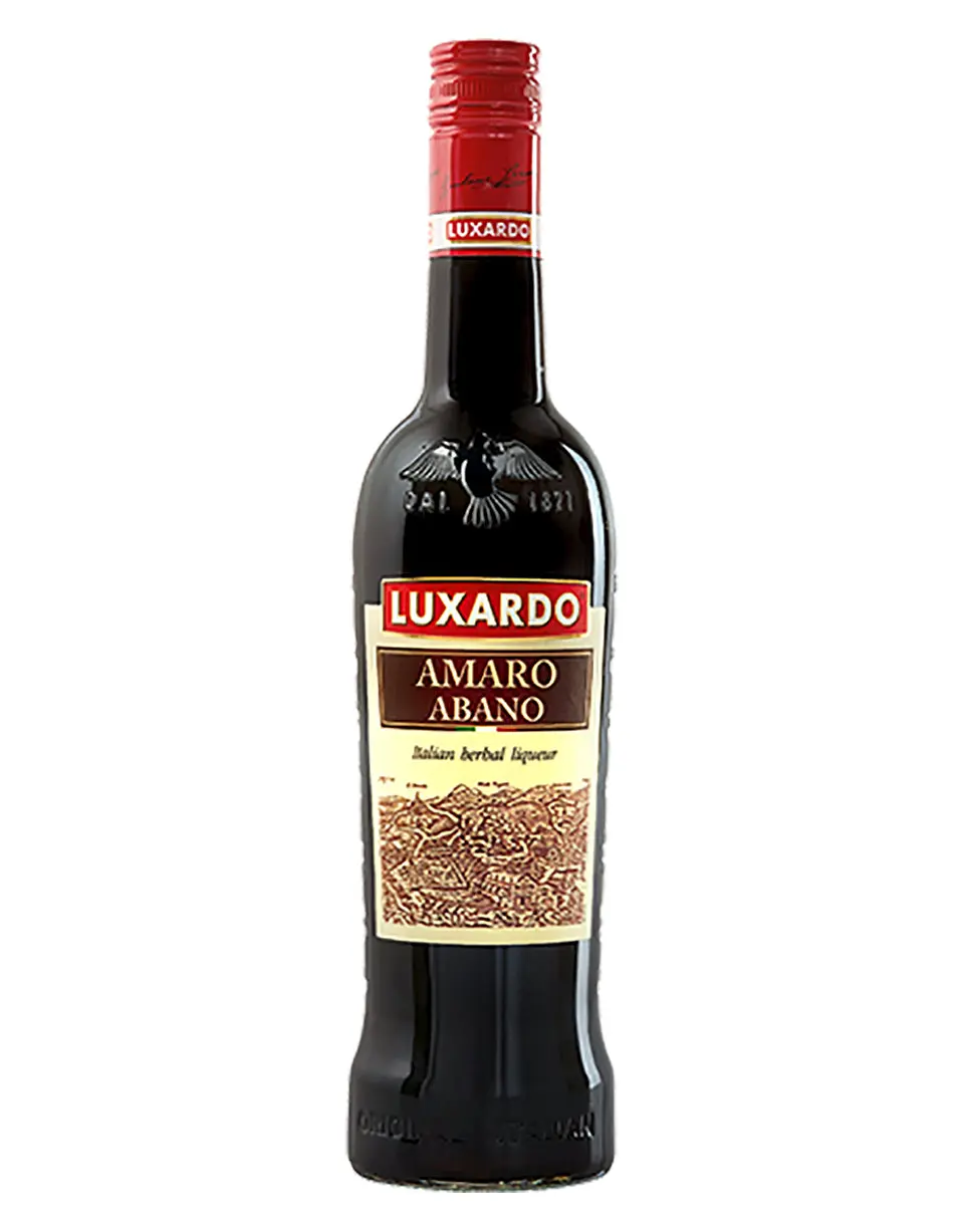 Bottle of Luxardo Amaro Abano herbal liqueur with red capsule and cream label