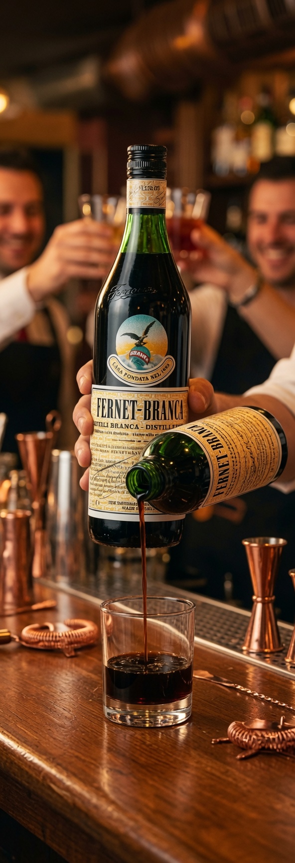 Bartender pouring Fernet-Branca from the classic green bottle into a rocks glass on a wooden bar, with copper jiggers and smiling staff raising glasses behind