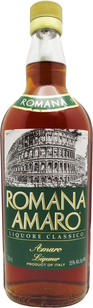 Bottle of Romana Amaro liquore classico with a gold cap and green label showing an engraving of the Colosseum
