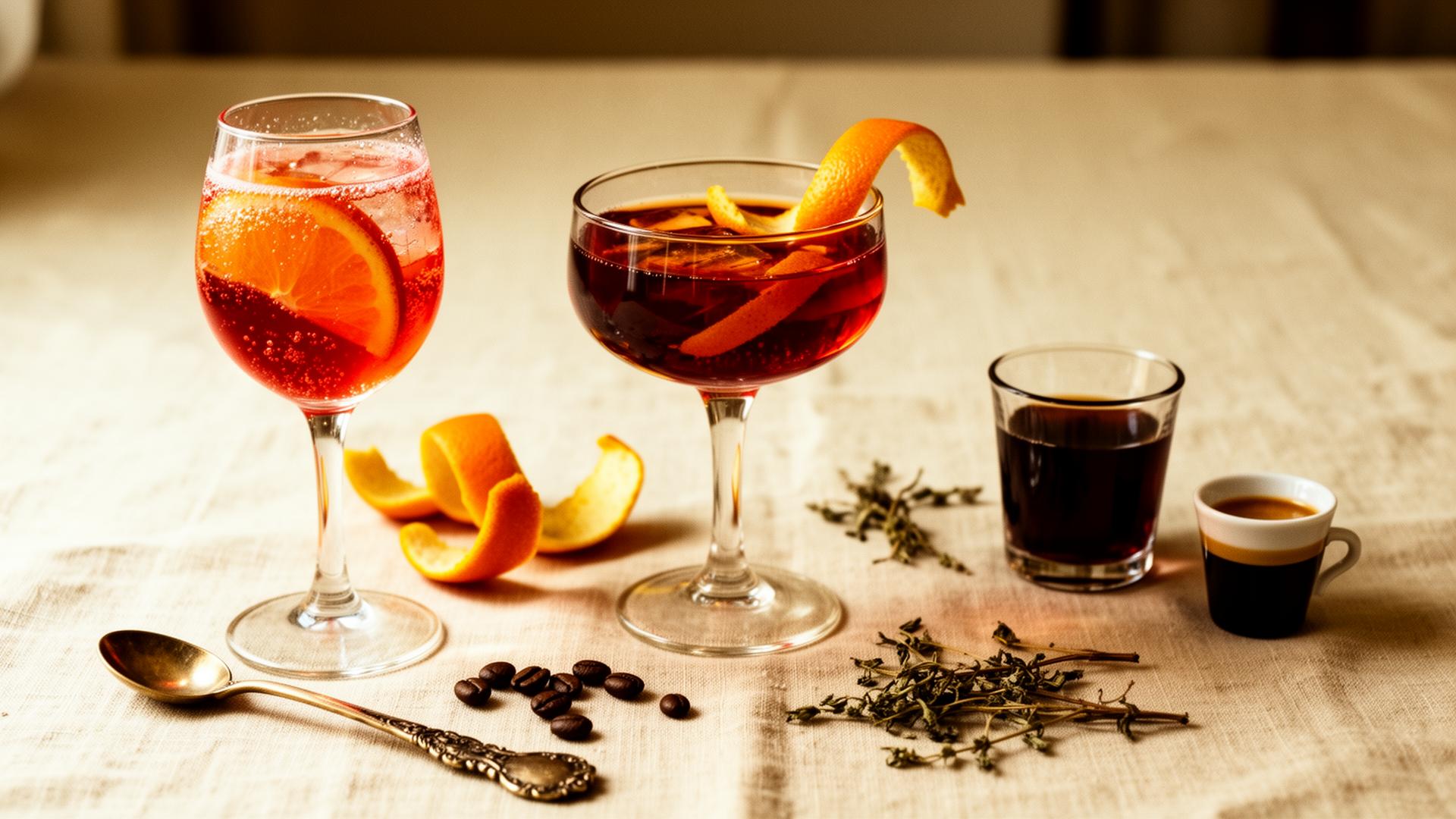 An aperitivo spritz beside a dark digestivo poured neat
