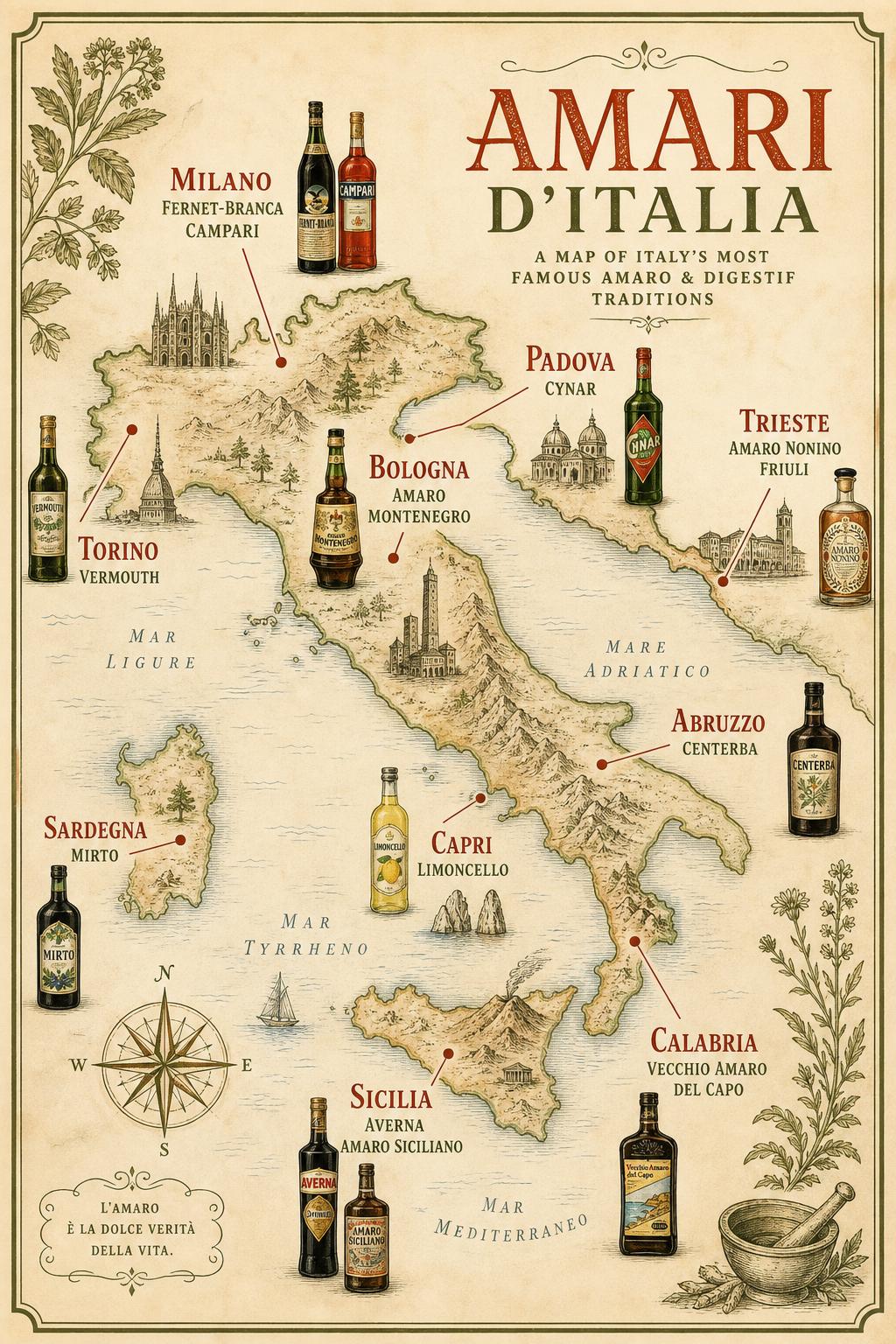 Illustrated vintage map of Italy showing the signature spirit of each region