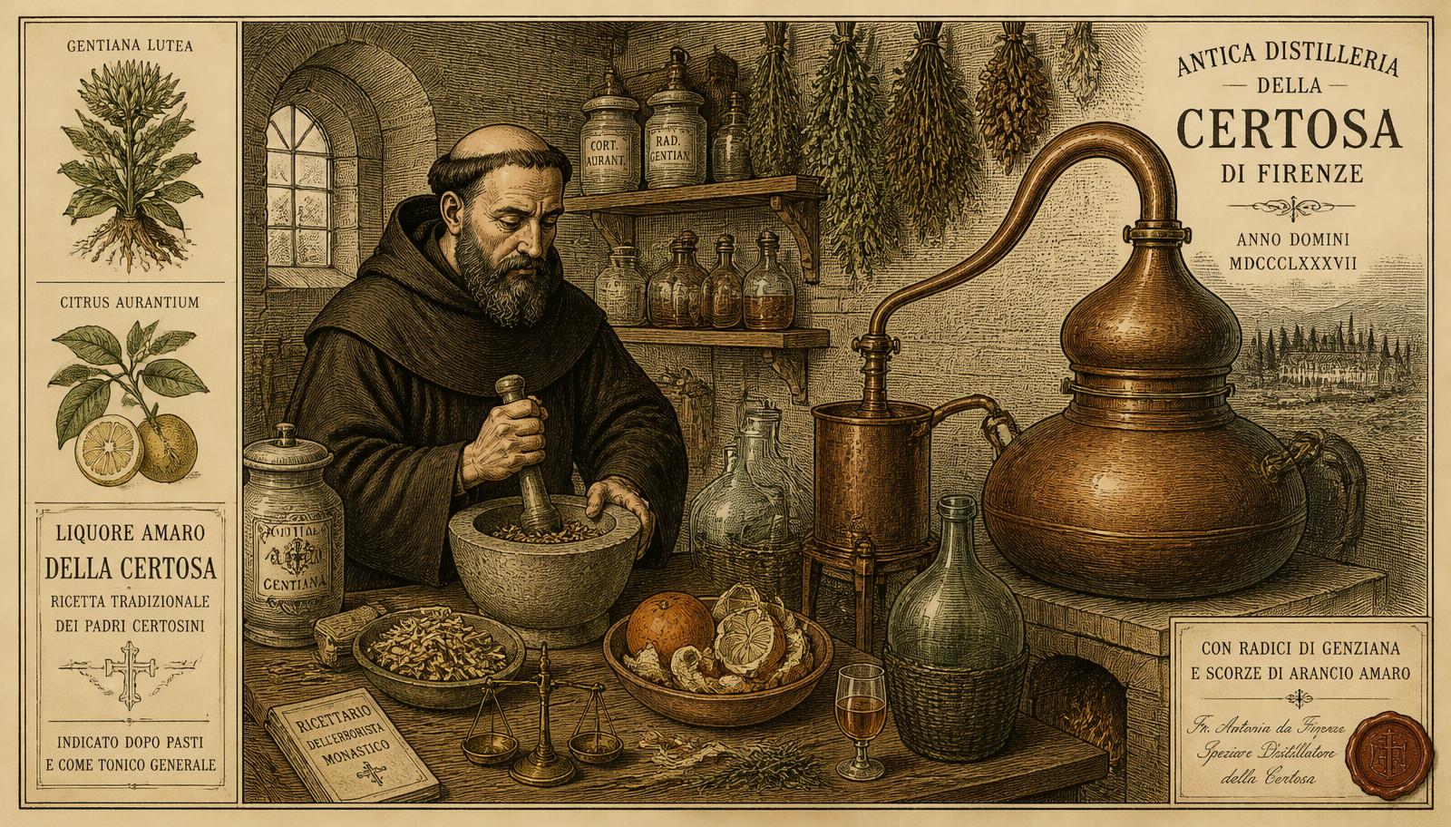Vintage illustration of a monk grinding gentian root beside a copper still in an Italian monastery distillery