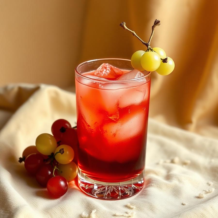 Enzoni cocktail served in a rocks — A Negroni crossed with a Gin Sour, with muddled grapes doing the talking.