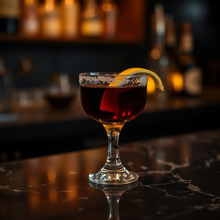 Kanar Sazerac amaro cocktail served in a coupe glass