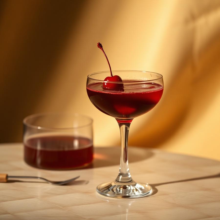 Left Hand cocktail served in a coupe — A Boulevardier with chocolate bitters — the darkest drink on this list.